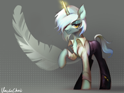 Size: 1080x810 | Tagged: safe, artist:unclechai, imported from derpibooru, oc, oc only, oc:xin yamei, pony, unicorn, clothes, feather, gradient background, gray background, horn, magic, shadow, simple background, solo, suit