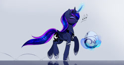 Size: 1955x1023 | Tagged: safe, artist:magnaluna, imported from derpibooru, princess luna, alicorn, pony, crown, curved horn, dragon egg, egg, eyes closed, female, folded wings, glowing, glowing horn, happy, hoof shoes, horn, humming, jewelry, levitation, magic, magic aura, mare, music notes, peytral, princess shoes, profile, raised hoof, regalia, side view, skipping, smiling, solo, tail, telekinesis, wings