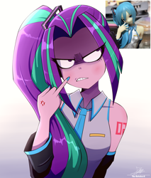 Size: 1734x2034 | Tagged: safe, artist:the-butch-x, imported from derpibooru, aria blaze, human, equestria girls, angry, ariatsune miku, cross-popping veins, emanata, female, fuck you, gradient background, hatsune miku, middle finger, reference used, solo, vocaloid, vulgar