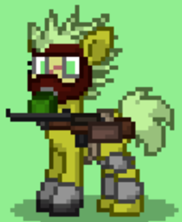 Size: 334x407 | Tagged: safe, artist:blackblade360, imported from derpibooru, oc, oc only, oc:grimlock, earth pony, pony, fallout equestria, armor, armored pony, ashes town, battle saddle, digital art, earth pony oc, female, gas mask, green coat, green eyes, green mane, green tail, gun, mare, mask, pixel art, raider, raider armor, scar, short tail, solo, spiky mane, story included, tail, weapon