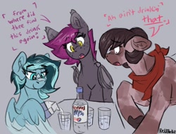 Size: 1692x1294 | Tagged: safe, artist:reddthebat, imported from derpibooru, oc, oc only, oc:alaska (reddthebat), oc:number nine, oc:selena (reddthebat), earth pony, ghost, ghost pony, pegasus, pony, undead, crystal pepsi, dialogue, eyebrows, eyebrows visible through hair, female, floppy ears, furrowed brow, glass, gray background, mare, milk, milk carton, pilk, simple background, trio