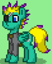 Size: 316x386 | Tagged: safe, artist:blackblade360, imported from derpibooru, oc, oc only, oc:wing crasher, pegasus, pony, fallout equestria, ashes town, blue eyes, clothes, digital art, eyepatch, fallout, green background, green coat, male, pegasus oc, pixel art, raider, shirt, simple background, solo, spiky mane, stallion, stallion oc, story included, tail, two toned mane, two toned tail, wings