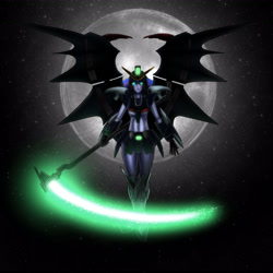 Size: 3600x3600 | Tagged: safe, artist:artemis-polara, imported from derpibooru, princess luna, human, equestria girls, armor, beam scythe, breasts, commission, deathscythe hell gundam, glowing, glowing eyes, gundam, gundam deathscythe hell custom, gundam wing, mecha musume, moon, scythe, solo, space, underboob, vice principal luna, wings