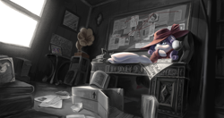 Size: 5852x3098 | Tagged: safe, artist:musical ray, imported from derpibooru, rarity, pony, unicorn, book, box, conspiracy board, desk, detective rarity, digital art, gramophone, horn, picture frame, room, sitting, solo, window