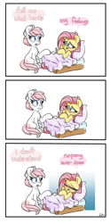 Size: 2000x4048 | Tagged: safe, artist:lou, imported from derpibooru, fluttershy, nurse redheart, earth pony, pegasus, pony, bed, comic, duo, duo female, female, folded wings, meme, wings