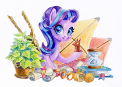 Size: 1300x931 | Tagged: safe, artist:maytee, imported from derpibooru, part of a set, phyllis, starlight glimmer, pony, unicorn, book, glasses, horn, hourglass, kite, origami, potted plant, scroll, solo, staff, staff of sameness, traditional art