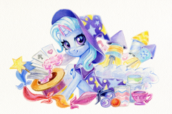 Size: 1300x864 | Tagged: safe, artist:maytee, imported from derpibooru, part of a set, trixie, pony, unicorn, cape, clothes, cup, fireworks, hat, horn, magic, magic aura, playing card, smiling, solo, teacup, top hat, trixie's cape, trixie's hat