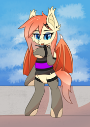 Size: 2480x3508 | Tagged: safe, artist:keupoz, imported from derpibooru, oc, oc:peach lace, bat pony, bat pony oc, bat wings, clothes, commission, eyeshadow, kunai, kunoichi, licking, makeup, socks, stockings, thigh highs, tongue out, wings