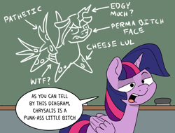 Size: 1743x1326 | Tagged: safe, artist:doodledonutart, imported from derpibooru, queen chrysalis, twilight sparkle, alicorn, pony, atg 2024, chalk drawing, folded wings, horn, newbie artist training grounds, speech bubble, traditional art, twilight sparkle (alicorn), vulgar, wings