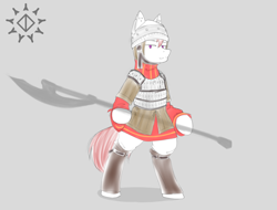 Size: 4000x3040 | Tagged: safe, imported from derpibooru, earth pony, semi-anthro, armor, armored pony, axe, gray background, helmet, male, medieval, polearm, purple eyes, red mane, simple background, solo, standing on two hooves, weapon, white coat