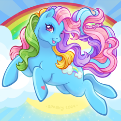 Size: 2400x2400 | Tagged: safe, artist:sparkytopia, imported from derpibooru, rainbow dash (g3), earth pony, pony, blue coat, female, g3, mare, multicolored hair, open mouth, open smile, rainbow hair, smiling, solo