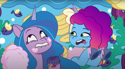 Size: 1680x933 | Tagged: safe, imported from derpibooru, screencap, izzy moonbow, pony, unicorn, spoiler:g5, spoiler:my little pony: tell your tale, spoiler:tyts02e15, cardboard cutout, cotton candy, duo, emotional rollercoaster, female, g5, horn, mare, misty brightdawn, my little pony: tell your tale, rebirth misty, standee