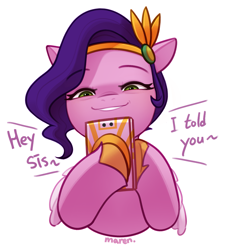 Size: 2007x2226 | Tagged: safe, artist:maren, imported from derpibooru, pipp petals, pegasus, pony, cellphone, colored hooves, colored pinnae, colored wings, dialogue, emanata, eyebrows, eyebrows visible through hair, eyelashes, female, folded wings, g5, grin, half body, high res, hoof hold, hooves, implied zipp storm, jewelry, looking at something, mare, narrowed eyes, phone, signature, simple background, smartphone, smiling, solo, teeth, text, tiara, unshorn fetlocks, white background, wing fluff, wings