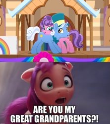 Size: 1429x1607 | Tagged: safe, edit, edited screencap, imported from derpibooru, screencap, petunia petals, sunny skies, sunny starscout, earth pony, unicorn, caption, female, g5, grandparents, headcanon, horn, image macro, male, mare, my little pony: a new generation, my little pony: rainbow roadtrip, petuniasky, shipping, stallion, straight, text, trio