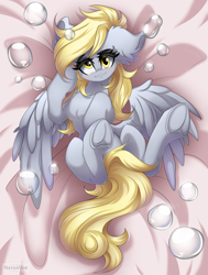 Size: 5000x6620 | Tagged: safe, artist:natanvok, imported from derpibooru, derpy hooves, pegasus, pony, bubble, ear fluff, female, floppy ears, looking at you, lying down, mare, on back, smiling, solo, underhoof