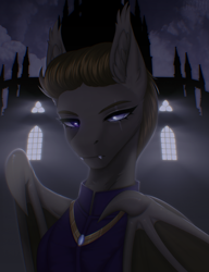 Size: 2463x3203 | Tagged: safe, artist:enderbee, imported from derpibooru, oc, oc only, oc:nachtagail fang, bat pony, pony, bat ears, bat wings, bust, cathedral, clothes, commission, fangs, female, jewelry, mare, necklace, portrait, robe, scar, short mane, solo, window, wings