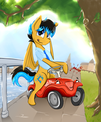 Size: 4354x5227 | Tagged: safe, artist:bumskuchen, imported from derpibooru, oc, oc only, oc:starbass, pegasus, pony, absurd resolution, bobbycar, car, clothes, fence, looking at you, solo, tree, vehicle