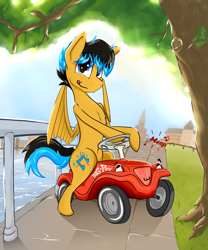 Size: 4354x5227 | Tagged: safe, alternate version, artist:bumskuchen, imported from derpibooru, oc, oc only, oc:starbass, pegasus, pony, absurd resolution, bobbycar, car, fence, looking at you, solo, tree, vehicle