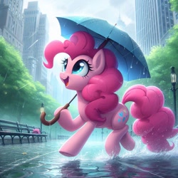 Size: 1024x1024 | Tagged: safe, imported from derpibooru, pinkie pie, earth pony, ai content, ai generated, city, female, happy, prompter:pinkiepiepics, rain, street, tree, umbrella