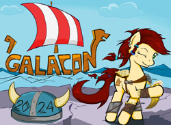 Size: 1280x939 | Tagged: safe, artist:sallycars, imported from derpibooru, oc, oc only, oc:canni soda, earth pony, pony, alcohol, alternate hairstyle, beer, braid, drink, drinking horn, female, galacon, galacon 2024, helmet, horned helmet, leg wraps, mare, ocean, one eye closed, solo, viking, viking helmet, water