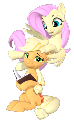 Size: 2160x3500 | Tagged: safe, artist:owlpirate, imported from derpibooru, applejack, fluttershy, earth pony, pegasus, pony, 3d, appleshy, book, duo, duo female, female, flying, high res, lesbian, lidded eyes, mare, open mouth, open smile, shipping, simple background, smiling, source filmmaker, transparent background