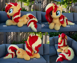 Size: 2200x1800 | Tagged: safe, artist:meplushyou, imported from derpibooru, sunset shimmer, pony, unicorn, commission, couch, female, horn, irl, life size, mare, photo, plushie, smiling, solo