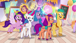 Size: 3300x1856 | Tagged: safe, edit, edited screencap, editor:quoterific, imported from derpibooru, screencap, hitch trailblazer, izzy moonbow, pipp petals, sunny starscout, zipp storm, earth pony, pegasus, pony, unicorn, spoiler:g5, spoiler:my little pony: tell your tale, spoiler:tyts02e15, balloon, cheek bulge, chubby, concave belly, cotton candy, diverse body types, eating, emotional rollercoaster, female, fit, food, g5, horn, male, mane five, mane stripe sunny, mare, my little pony: tell your tale, side view, slender, stallion, thin, walking