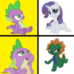 Size: 500x500 | Tagged: safe, artist:candy meow, deleted from derpibooru, editor:railpony, imported from ponybooru, rarity, spike, oc, oc:emziko, dragon, pony, unicorn, banned from derpibooru, canon x oc, dragon oc, dragoness, drake, fangs, female, female oc, horn, hotline bling, image, imgflip, male, male and female, meme, my little pony best gift ever, needs more jpeg, non-pony oc, ponified, ponified meme, shipping, shipping war, sitting, species swap, spiko, straight, trio, trio male and female, winged spike, wings