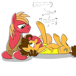 Size: 2000x2000 | Tagged: safe, artist:texacity, imported from derpibooru, big macintosh, cheese sandwich, earth pony, pony, blushing, duo, duo male, gay, heart, heart eyes, looking at each other, looking at someone, lying down, mac n cheese, male, on back, prone, shipping, simple background, smiling, smiling at each other, stallion, white background, wingding eyes