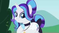 Size: 1280x716 | Tagged: safe, artist:monochrome-sunsets, imported from derpibooru, rarity, pony, unicorn, alternate design, bow, choker, hoof polish, horn, jewelry, looking at you, makeup, necklace, smiling, solo, tail, tail bow