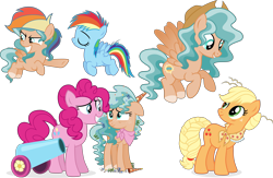 Size: 5773x3763 | Tagged: safe, artist:cirillaq, imported from derpibooru, applejack, pinkie pie, rainbow dash, oc, oc:daydream, pegasus, pony, female, filly, foal, hat, party cannon, simple background, teenager, transparent background, vector, wig