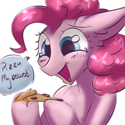 Size: 2048x2048 | Tagged: safe, artist:cupute, imported from derpibooru, pinkie pie, earth pony, pony, admiration, admiring, blushing, chromatic aberration, crying, cute, diapinkes, female, food, happy, holding, looking down, mare, meme, pizza, shiny mane, silly, silly pony, simple background, smiling, solo, tears of joy, transparent background