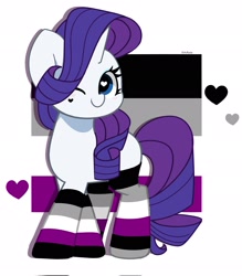 Size: 1794x2048 | Tagged: safe, artist:kittyrosie, imported from derpibooru, rarity, pony, unicorn, asexual, asexual pride flag, clothes, cute, eyeshadow, face paint, female, heart, horn, makeup, mare, missing cutie mark, one eye closed, pride, pride flag, pride month, pride socks, raribetes, simple background, socks, solo, striped socks, white background, wink