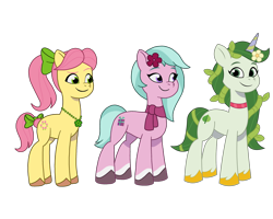 Size: 3000x2400 | Tagged: safe, edit, imported from derpibooru, earth pony, pony, unicorn, dahlia, female, g5, horn, leaf, leaf (g5), my little pony: tell your tale, posey bloom, simple background, transparent background, trio, trio female