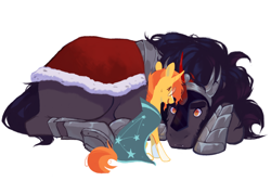 Size: 1200x800 | Tagged: safe, artist:bananasmores, imported from derpibooru, king sombra, sunburst, pony, unicorn, duo, duo male, gay, horn, looking at each other, looking at someone, lying down, male, shipping, simple background, size difference, somburst, white background