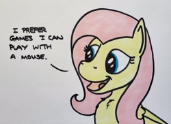 Size: 2048x1495 | Tagged: safe, artist:hoofclid, imported from derpibooru, fluttershy, pegasus, pony, chest fluff, dialogue, female, mare, marker drawing, open mouth, open smile, smiling, solo, traditional art