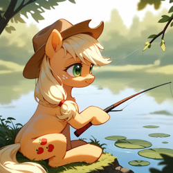 Size: 2800x2800 | Tagged: safe, imported from derpibooru, applejack, earth pony, pony, ai content, ai generated, fishing rod, generator:tponynai3, lake, lilypad, prompt in description, prompter:derp621, solo, water