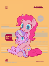 Size: 3000x4000 | Tagged: safe, artist:darkdoomer, ponerpics exclusive, diamond tiara, pinkie pie, earth pony, pony, cute, design, dialogue, duo, female, filly, mare, shipping, sitting