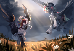 Size: 2360x1640 | Tagged: safe, artist:sweettsa1t, imported from derpibooru, oc, oc only, pegasus, pony, bandage, chest fluff, choker, cloud, commission, crepuscular rays, duo, female, field, flower, flying, hair bun, jewelry, makeup, mare, necklace, running makeup, spiked choker, spread wings, unshorn fetlocks, wings