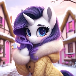 Size: 1024x1024 | Tagged: safe, imported from ponybooru, rarity, pony, unicorn, ai content, ai generated, alternate hairstyle, bing, bust, clothes, female, hoof in mane, looking at you, mare, ponyville, snow, solo, winter outfit