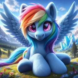 Size: 1024x1024 | Tagged: safe, imported from ponybooru, rainbow dash, pegasus, pony, ai content, ai generated, alternate cutie mark, bing, cloud, crystal, female, flower, fluffy, looking at you, mare, mountain, outdoors, sitting on ground, solo, spread wings, tree, wings