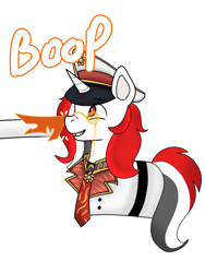 Size: 1140x1515 | Tagged: safe, artist:wh189, imported from derpibooru, daybreaker, oc, oc:red rocket, unicorn, equestria at war mod, belt, boop, cap, clothes, glasses, happy, hat, horn, solar empire, uniform