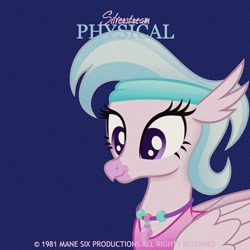 Size: 1000x1000 | Tagged: safe, artist:anime-equestria, edit, editor:jaredking779, imported from derpibooru, silverstream, classical hippogriff, hippogriff, 80s, alternate hairstyle, clothes, female, headband, jewelry, necklace, olivia newton-john, single cover, smiling, solo