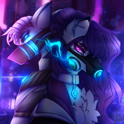 Size: 1796x1790 | Tagged: safe, artist:krissograph, imported from derpibooru, oc, oc only, earth pony, pony, blue eyes, chest fluff, city, clothes, cyberpunk, digital art, duo, ear fluff, eyelashes, face mask, female, gift art, glowing, jewelry, lidded eyes, looking at you, male, mare, mask, necklace, night, pink mane, pony oc, purple eyes, purple mane, shipping, stallion oc, straight, tower, urban