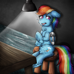 Size: 1800x1800 | Tagged: safe, artist:yumomochan, imported from derpibooru, rainbow dash, pegasus, pony, backwards cutie mark, bound wings, commission, dark room, female, interrogation, lamp, light, mare, nervous, shaking, sitting, stool, sweat, wings