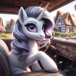 Size: 1024x1024 | Tagged: safe, imported from ponybooru, pony, unicorn, ai content, ai generated, bing, car, female, fluffy, house, looking at you, machine, mare, sitting, smiling, smiling at you, solo, unshorn fetlocks, vehicle, white pony