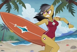 Size: 1216x832 | Tagged: safe, imported from twibooru, daring do, anthro, pegasus, ai content, ai generated, baywatch, beach, breasts, busty daring do, clothes, determined, generator:stable diffusion, needs more jpeg, one-piece swimsuit, palm tree, running, sexy, solo, sunbathing, surfboard, swimsuit, tree