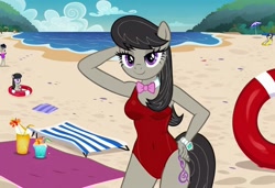 Size: 1216x832 | Tagged: safe, imported from twibooru, octavia melody, anthro, earth pony, ai content, ai generated, arm behind head, baywatch, beach, beach towel, buoy, busty octavia melody, clothes, flirting, generator:stable diffusion, hand on hip, needs more jpeg, one-piece swimsuit, seductive pose, sexy, smiling, solo, standing, sunbathing, swimsuit, tropical drink