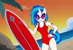 Size: 1216x832 | Tagged: safe, imported from twibooru, dj pon-3, vinyl scratch, anthro, unicorn, ai content, ai generated, baywatch, beach, breasts, busty vinyl scratch, clothes, flirting, generator:stable diffusion, hand on hip, needs more jpeg, one-piece swimsuit, rock, seductive pose, sexy, smiling, smirk, solo, standing, sunbathing, sunset, surfboard, swimsuit