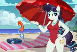 Size: 1216x832 | Tagged: safe, imported from twibooru, coloratura, anthro, earth pony, ai content, ai generated, baywatch, beach, beach towel, breasts, buoy, busty coloratura, clothes, cooler, flirting, generator:stable diffusion, hand on hip, image, needs more jpeg, one-piece swimsuit, seductive pose, sexy, smiling, solo, standing, sunbathing, swimsuit, umbrella, wrong cutie mark